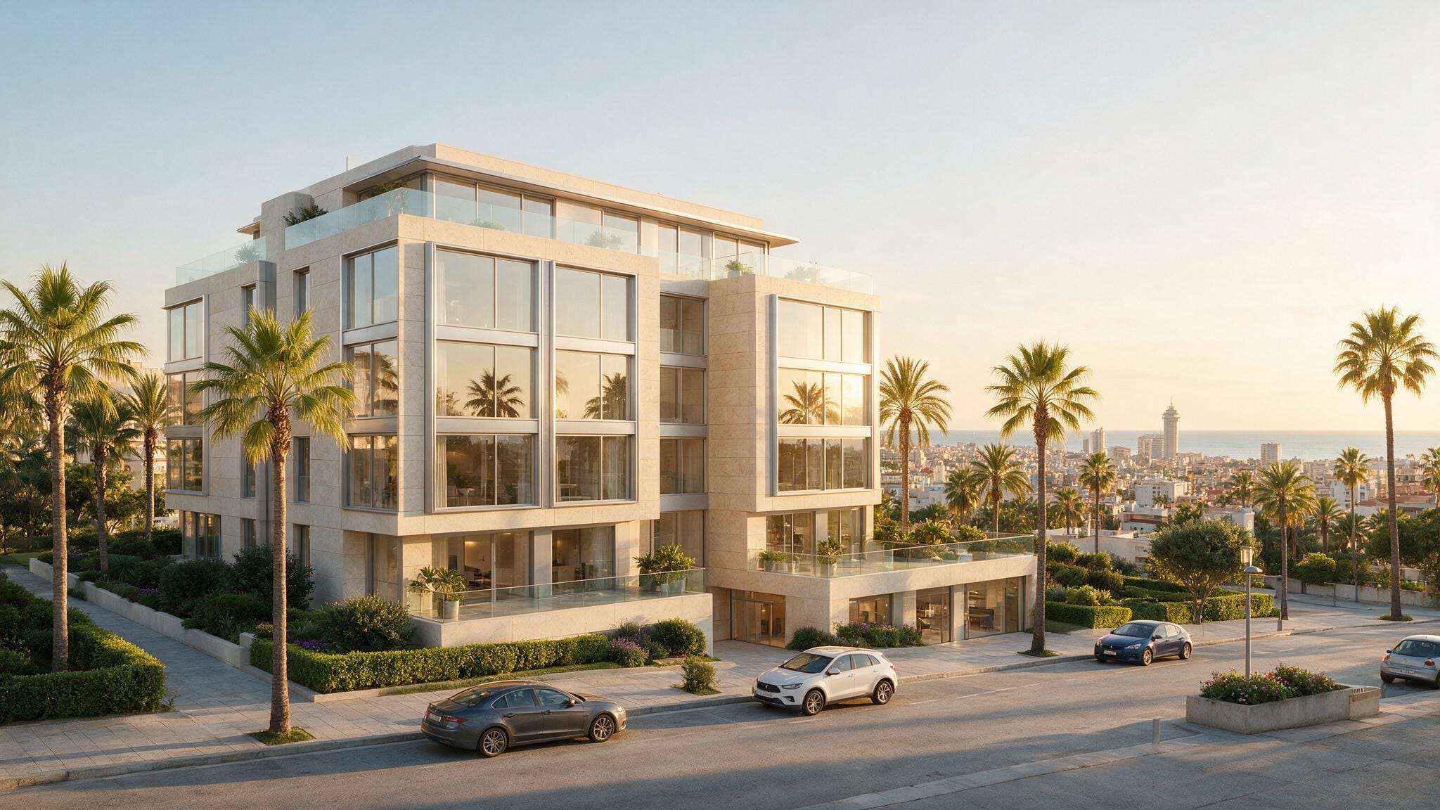 Edificio residencial moderno en una ciudad costera española al atardecer, ejemplo de activo inmobiliario respaldando una inversión en préstamos participativos con Pier Club
